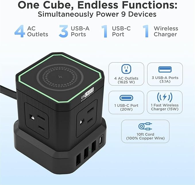 Uncaged Ergonomics Wireless Charger Cube Power Strip with USB Ports & Surge Protection, 10ft Extension Cord, 4 AC Plugs, 3 USB Ports (1C), Fast Charging, On/Off Switch, Nightstand Charger Station