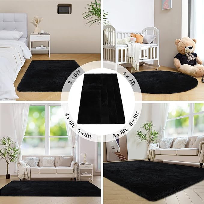 duduta Black Fluffy Round Rug 4x4 ft, Shag Fuzzy Plush Circle Throw Rug for Nursery Bedroom Living Room Home Decor