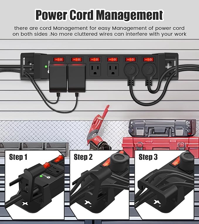 Heavy Duty Power Strip,6 Outlets Metal Power Strip with Individual Switch & Cord Management,Mountable Surge Protector 1200J,6FT Extension Cord(Black,6 FT)