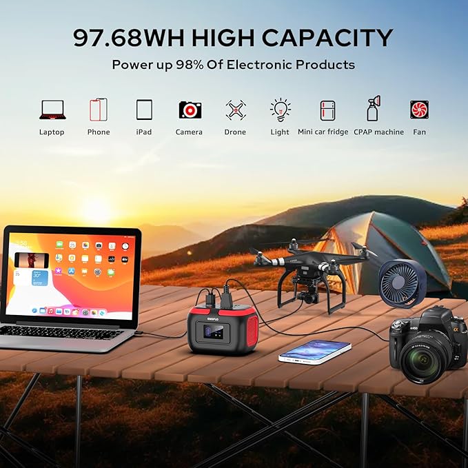 ENOFLO Portable Power Station, 97.68Wh Solar Generator, Lithium Battery Power with 110V AC 120W Peak Socket/DC/USB QC3.0/LED Light for Outdoor Camping Trip Home Backup Emergency