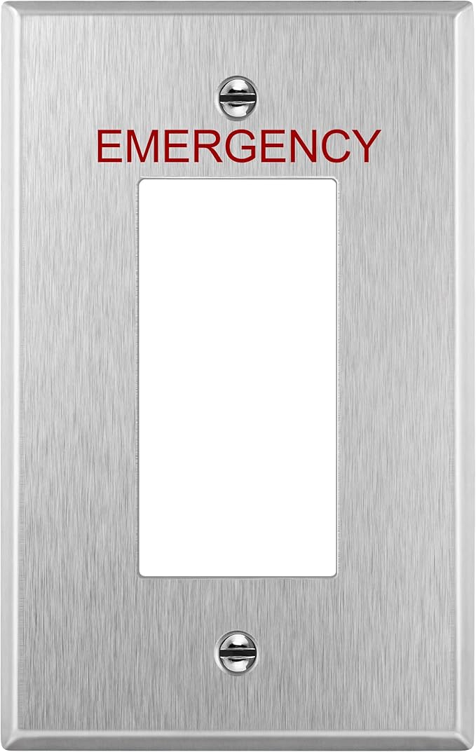 ENERLITES Decorator Switch or Outlet Metal Wall Plate with Emergency Label, 430 Stainless Steel, Corrosion Resistant, Mid-Size 1-Gang 4.88" x 3.11", UL Listed, 7731M-E, Silver