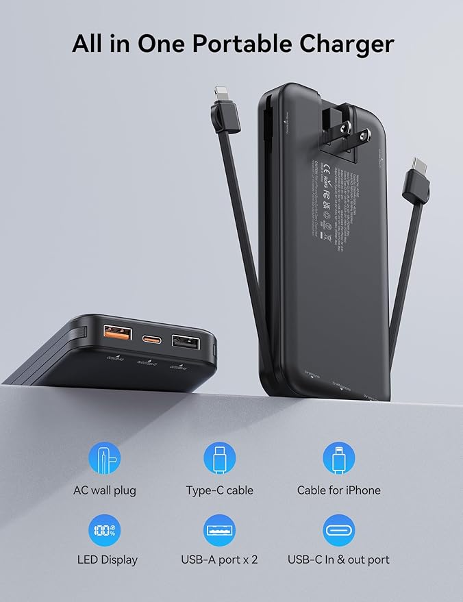 Ultra-Portable-Charger-Power-Bank with Built in Cables&AC Wall Plug,12000mAh PD20W USB-C Fast Charging Cell Phone Charger Battery Pack,LED Display Travel Battery Bank for All iPhone,Samsung,Android