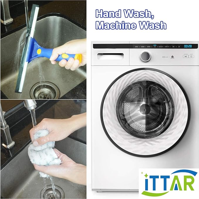ITTAR Rotatable Window Cleaning Kit, Window Cleaner Squeegee with 60" Extension Pole, Rubber Squeegee & 2 Microfiber Scrubber Combo, Window Washing Equipment for Cleaning Shower, Windows, Car Glass