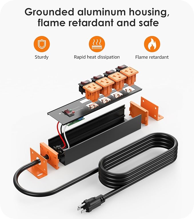 CCCEI Heavy Duty Surge Protector Power Strip 20 Amp Individual Switches. 12FT 12 Gauge Extension Cord with Multiple Outlets. Kitchen, Garage, Shop, Industrial Wall Mount Electric Extender, Orange.