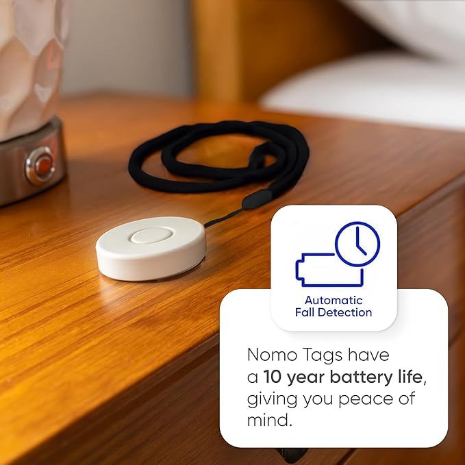 Emergency Alert & Movement Sensor Tags – Elderly Monitoring with Emergency Panic Button, Wearable Fall Detection for Seniors, Water-Resistant - Works with Nomo Care Kit - 10-Year Battery Life - 2 Tags