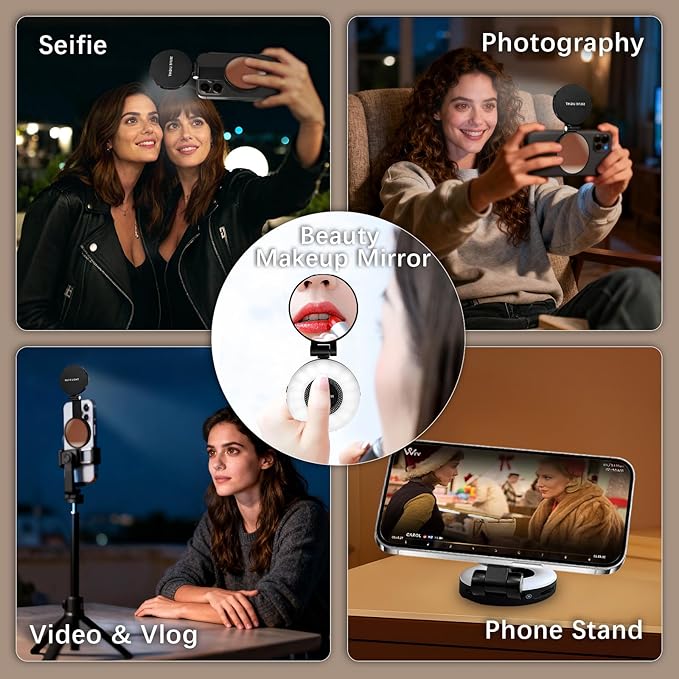 PrielPaek 3-in-1 Magnetic Beauty Selfie Light for Phones, with 2.4" Mirror Magnetic Selfie Light, Adjusted 3 Modes, Rechargeable Fill Light for Selfies, for Photography,Makeup,Vlog,TikTok,Video(Black)