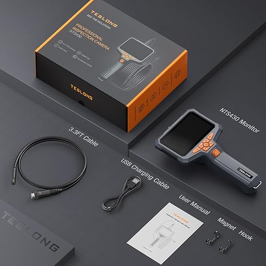Dual Lens Endoscope Camera with Light, Teslong 4.3" HD Snake Borescope Inspection Camera, Automotive Scope Cam with Flexible Cable, Home Waterproof Fiber Optic for Sewer Drain Pipe (3.3FT)