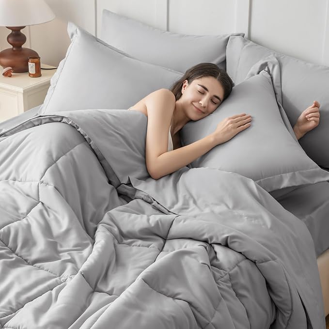 JOLLYVOGUE Queen Comforter Set, Ultra-Soft Bed in a Bag Queen Size 7 Pieces, Oeko-TEX Certified Bedding Set with Down Alternative Comforter, Sheets, Pillowcases & Shams, Light Grey