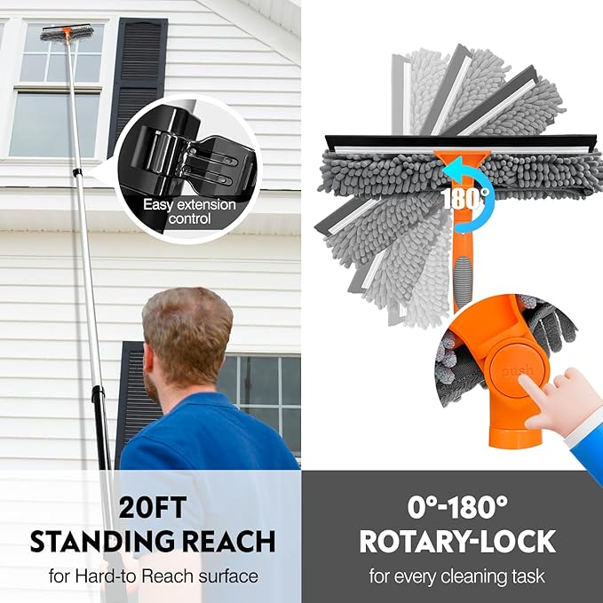 ARTIPOLY 20 Ft High Reach Window Squeegee with 5-12Ft Extra-Thick Aluminum Telescopic Extension Pole| 14" Extra-Large 2-in-1 Window Cleaner Tool| Window Washer for Indoor/Outdoor Window,RV,Truck Glass