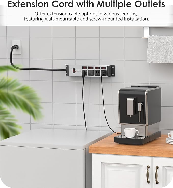 CCCEI Heavy Duty Surge Protector Power Strip 20 Amp Individual Switches. 15FT 12 Gauge Extension Cord with Multiple Outlets. Kitchen, Garage, Shop, Industrial Wall Mount Electric Extender, Grey.