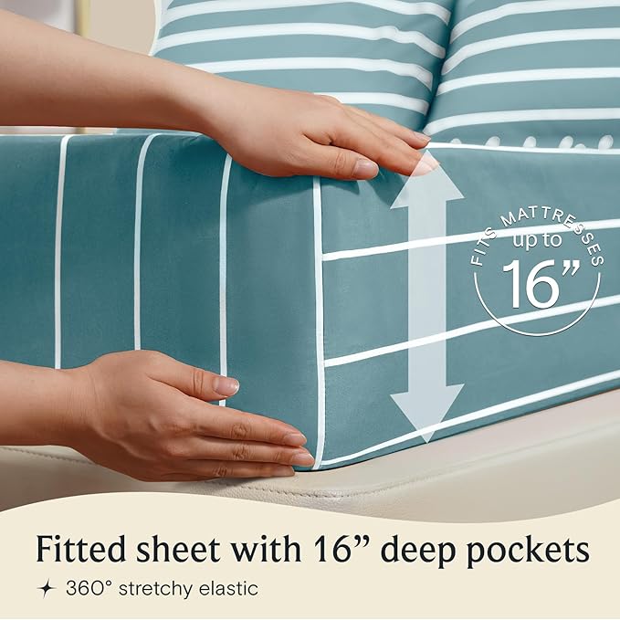 LuxClub 4 PC Queen Sheet Set, Deep Pockets Wrinkle Free Cooling Bed Sheets Hotel Bedding for Women, Men, Includes 1 Fitted Sheet, 1 Flat Sheet and 2 Pillowcases-Striped - Light Blue