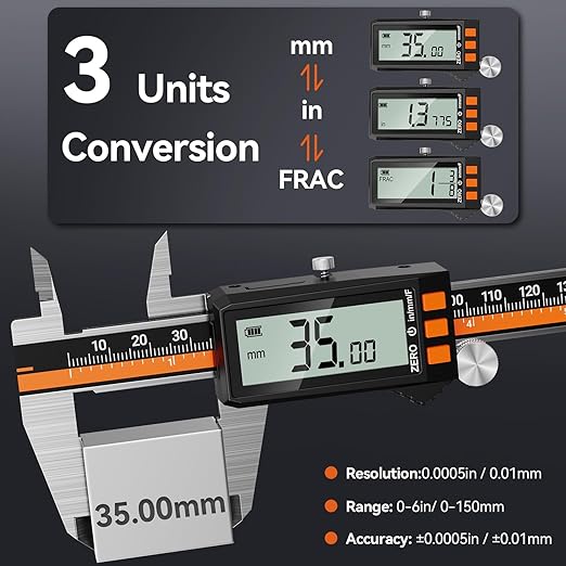 Preciva Digital Caliper - Rechargeable Stainless Steel Micrometer with IP54 Protection | Auto-Off, Large LCD Screen & Inch/Metric Conversion | Precision Measuring Tool 6Inch/150mm