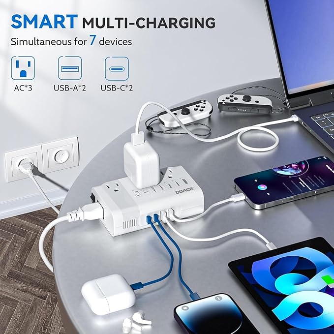 DOACE 220V to 110V Converter for European Travel - 350W 7 in 1 Voltage Converter US to Europe with 3AC, 2QC+2PD for Using U.S. Devices Abroad - Hair Straightener Shaver Toothbrush Laptop Camera Phone