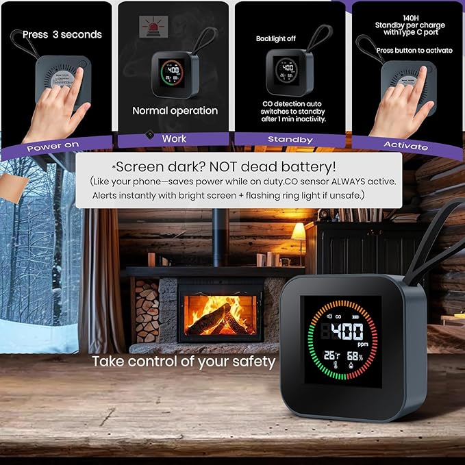 NEXUS SENSUS 3-in-1 Portable Carbon Monoxide Detector for Travel – UL-Compliant CO Alarm with Temperature and Humidity Monitor, USB-C Rechargeable for RV, Hotel, Camping (1, Gray)