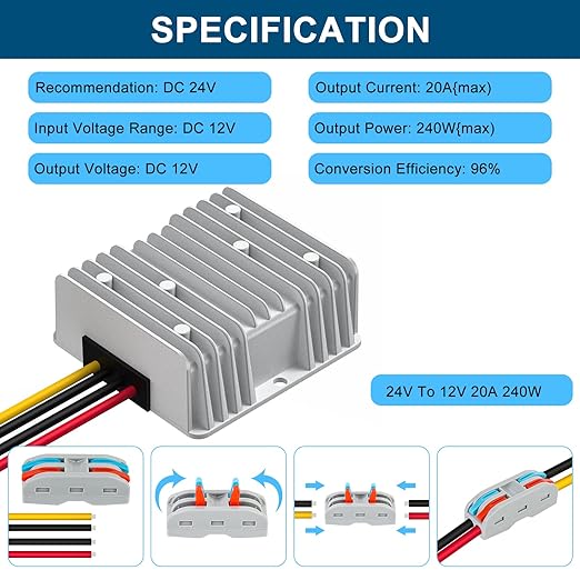 DC Voltage Reducer DC 24V Step Down to 12V 20A 240W Voltage Regulator Power Converter Waterproof Module Transformer for Golf Cart Club Car Truck