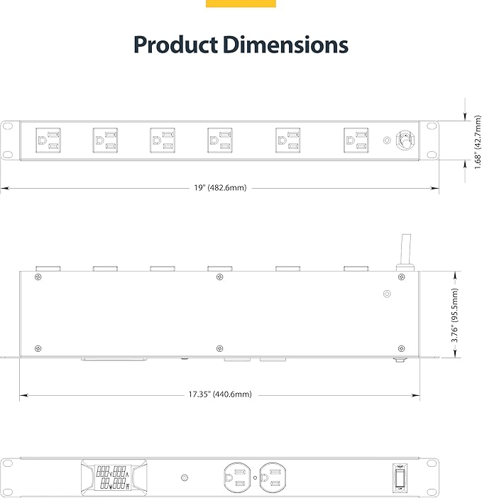 StarTech.com 8-Outlet Horizontal Rack Mount Metered PDU, 1U Server Power Strip w/Surge Protector, 8ft (2.4m) Power Cable, TAA