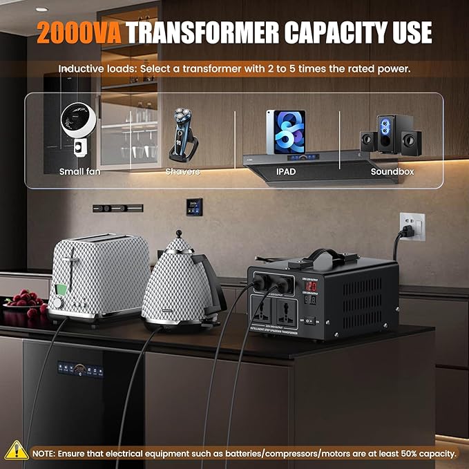 2000W Voltage Converter Transformer Step Up 110V/120V to220V/240V or Step Down 220V to 110V AC Power Converte, Circuit Breaker Protection, 2 US sockets, 2 Universal sockets, LCD Display