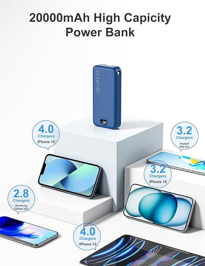 aonidi 20000mAh Ultra-Portable-Charger-Power-Bank PD20W with Built in Cables&AC Wall Plug,Fast Charging Cell Phone Charger Battery Pack,LED Display Travel Battery Bank for All iPhone,Samsung,Android
