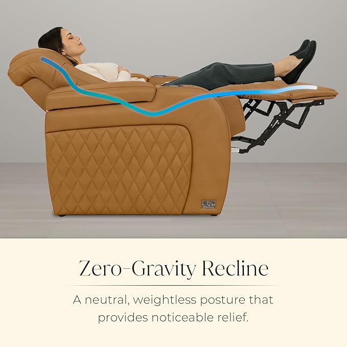 Seatcraft Diamante Zero-Gravity CoolZero Italian Leather Home Theater Seating, Power Headrest, Power Recline, Single Recliner, Tan Oak