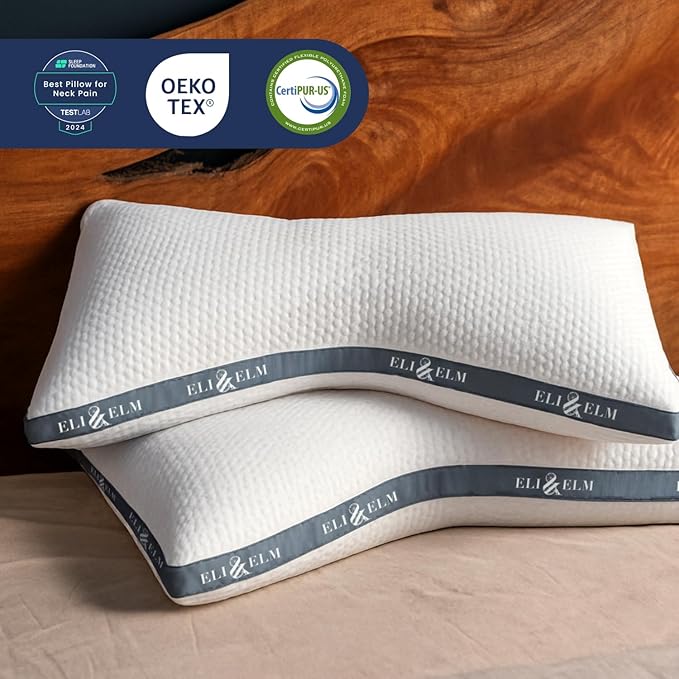 Eli & Elm | Best Ergonomic Side Sleeper Pillow for Neck Pain. Supportive Cooling Latex Fill with Luxury Breathable Cover. U-Shape Contoured Design. Queen Size Bed Pillow - 17" X 29"