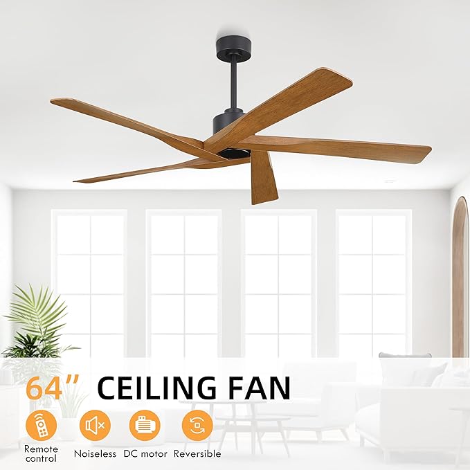 WINGBO 64" ABS DC Ceiling Fan No Light, 5 Blade ABS Plastic Ceiling Fan with Remote, 6-Speed Reversible DC Motor, Ceiling Fans without Light for Kitchen Bedroom Living Room, Matte Black and Walnut