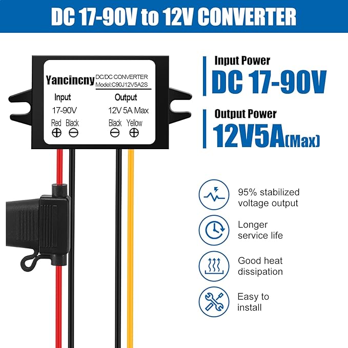 Yancincny DC 24V 36V 48V 60V 72V 84V 90V Step Down to 12V 5A 60W Converter Regulator Reducer Power Supply Module Buck Transformer, Waterproof DC 48V to 12V Converter with Fuse for Golf Cart