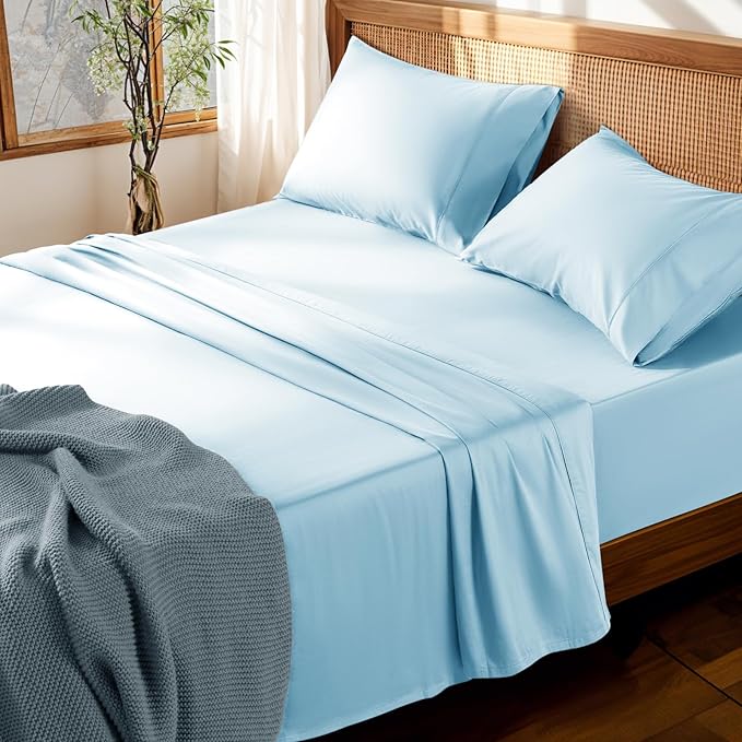 LBRO2M 100% Cotton Sheets Set Deep Pocket 19", 1000 Thread Count King Size 4 Piece Bed Sheet Sets Soft Comfortable Bedding All Season (King, Light Blue)