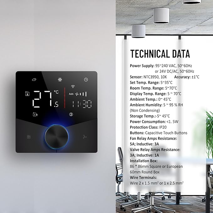 WiFi Central AC Thermostat Energy Saving Control Wall Mounted Programmable Temperature Controller for Smart Home (Black)