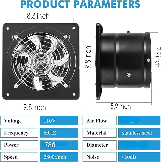 Aydomer 8 Inch Exhaust Fan Metal Ventilation Fan With Switch Window And Wall Mounted Extractor Warehouse Fan With Check Valve For Kitchen, Attic, Garage(Black)