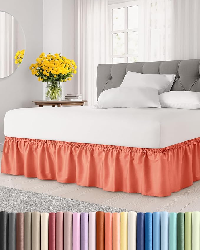 Wrap Around Dust Ruffle Bed Skirt - Coral - for King Size Beds with 24 Inch Drop - Easy Fit Elastic Strap - Adjustable Pleated Bedskirt w/Brushed Fabric - Wrinkle Free - for Women, Men, Kids & Teens