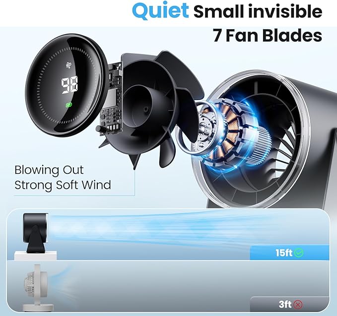 WSKEN Desk Fan with Battery Operated, Quiet Digital Display Portable Fan for Office, Bedroom, Kitchen, Home, Outdoor, 100 Speeds 115° Tilt Small Travel Camping Table Fan,Bluish Black