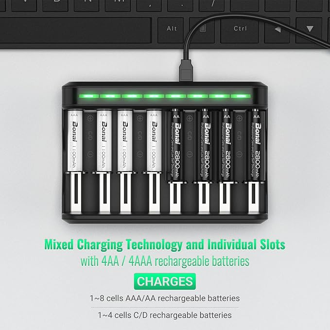 BONAI AA AAA Rechargeable Batteries Charger Set, 4 Pack 2800mAh AA and 4 Pack 1100mAh AAA NiMH Batteries with Smart Universal Battery Charger