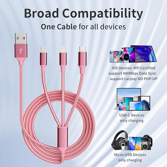 Multi Charging Cable,(2Pack 4FT) 3 in 1 Charging Cable for Multiple Devices, Nylon Braided Universal Charger Phone Charger Cord with Type-C,Micro USB,IP Port for iPhone16/15 Series/Phone&Pad-Pink