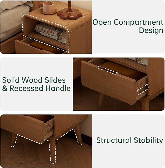 100% Solid Oak Wood Nightstand, Natural Wood Nightstand with Drawer Open Shelf, Mid Century Modern Night Stand, Small Side End Tables, Oak Bedside Table for Bedroom(16.54" Wx13.78 Dx20.47 H)