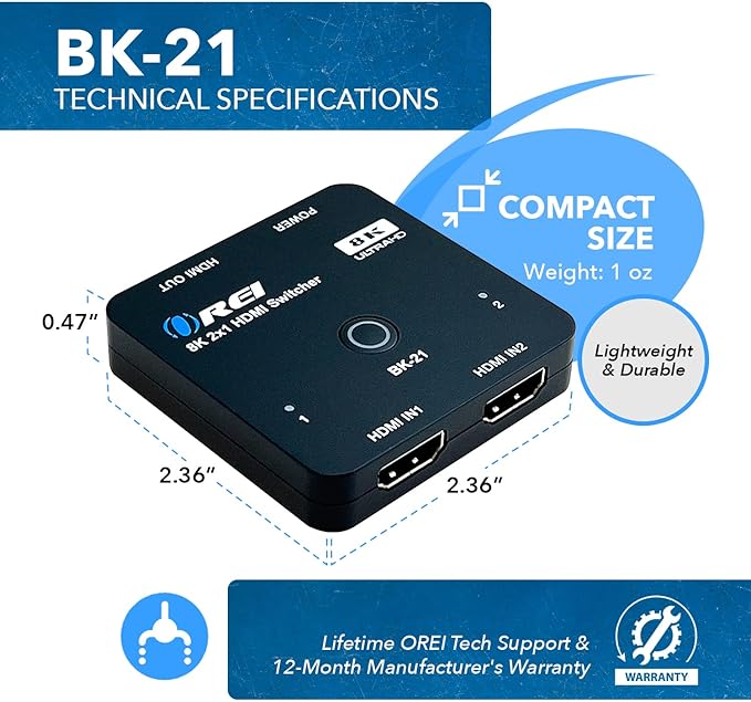 OREI 8K 2x1 HDMI Switch 4K@120hz - Auto HDMI Selector 48Gbps High Resolution Switch Between 2 Inputs Perfect for Gaming, PS5, Xbox, HDR10, Dolby Vision