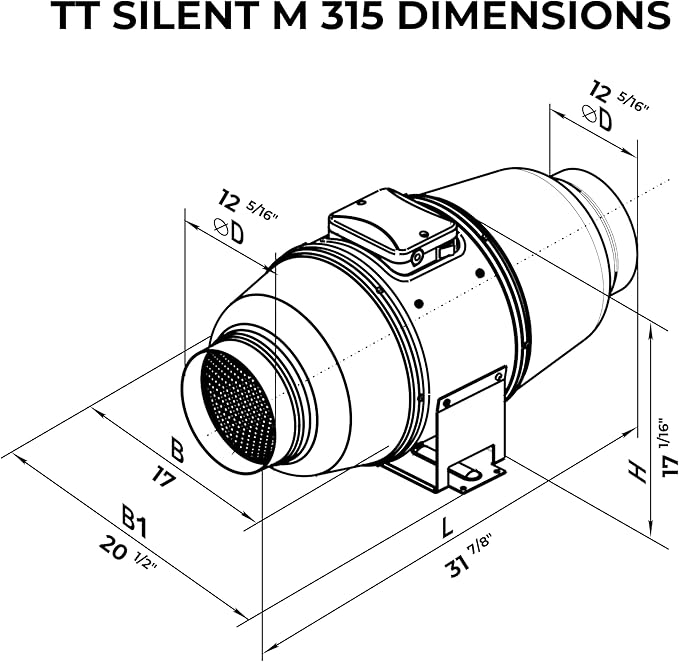 VENTS-US TT Silent M 315 Inline Duct Fan For High Static Pressure Application Up to 1050 CFM - UV Resistant, Sound Absorbing Casing, (12-3/8” Duct Diameter)