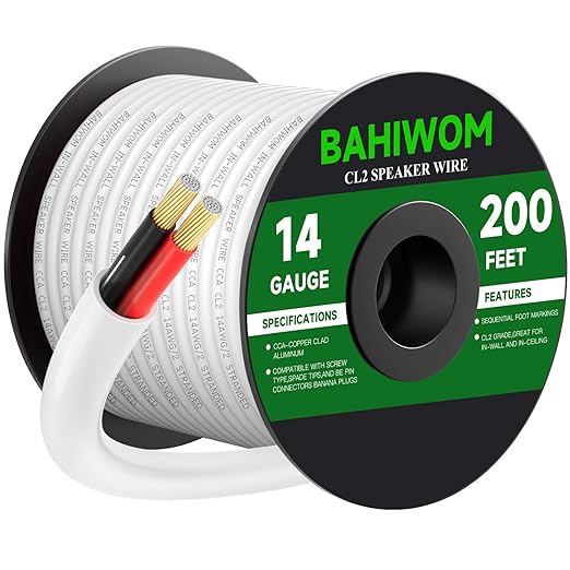 BAHIWOM Fire Safety CL2 Speaker Wire in-Wall & in-Ceiling 14 Gauge Wire 200 FT CCA Cord 2 Conductors Red Black Speaker Cable for Indoor Home Theater System,Car Audio Soft White Jacket