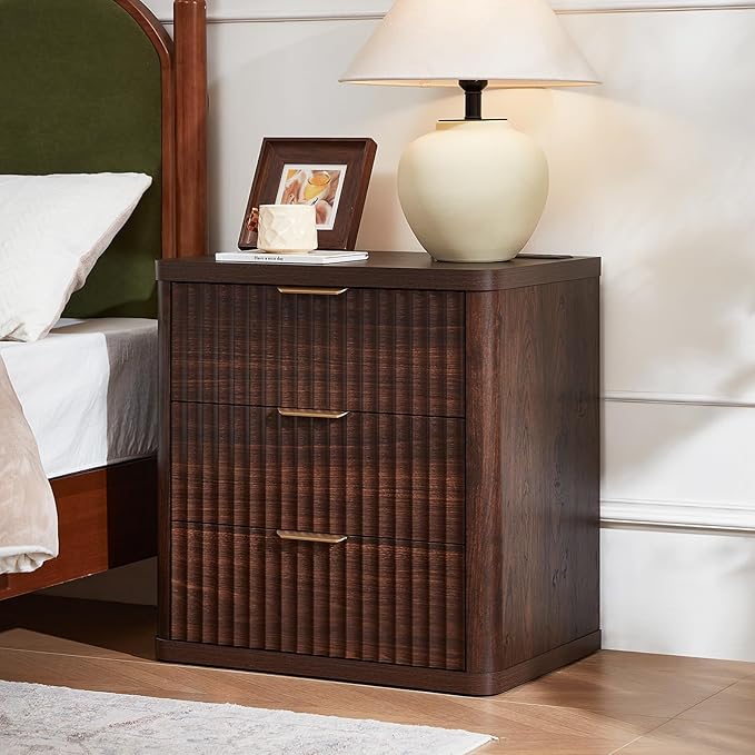 LEYAOYAO 23" Wide Fluted Night Stand with Charging Station, 3 Drawers Large End Table with Storage, Walnut Nightstand Wood Bedside Tables, Farmhouse Cabinet Dresser for Bedroom, Closet