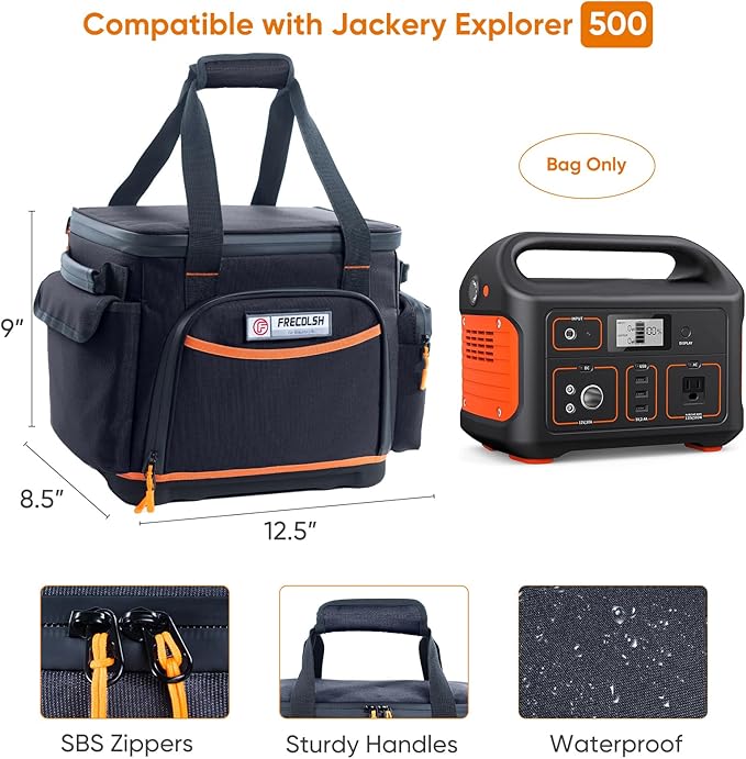 FRECOLSH Travel Carrying Case Compatible with Jackery 500, Portable Power Station Storage Case with Water- proof Bottom and Pocket for Jackery Accessories, Storage Bag Only