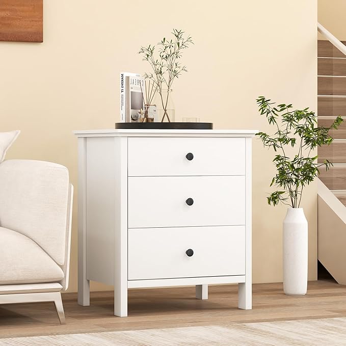 Giantex Nightstand with 3 Drawers, Wooden Side End Table with Solid Wood Legs, Retro 3-Drawer Bedside Table Night Stand for Bedroom Home Office Small Space, Easy Assembly, White