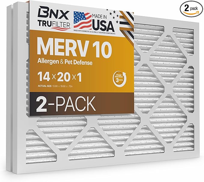 BNX TruFilter 14x20x1 MERV 10 (2-Pack) AC Furnace Air Filter - MADE IN USA - Pleated Air Conditioner HVAC AC Furnace Filters - Removes Odor, Mold, Bacteria, Smoke