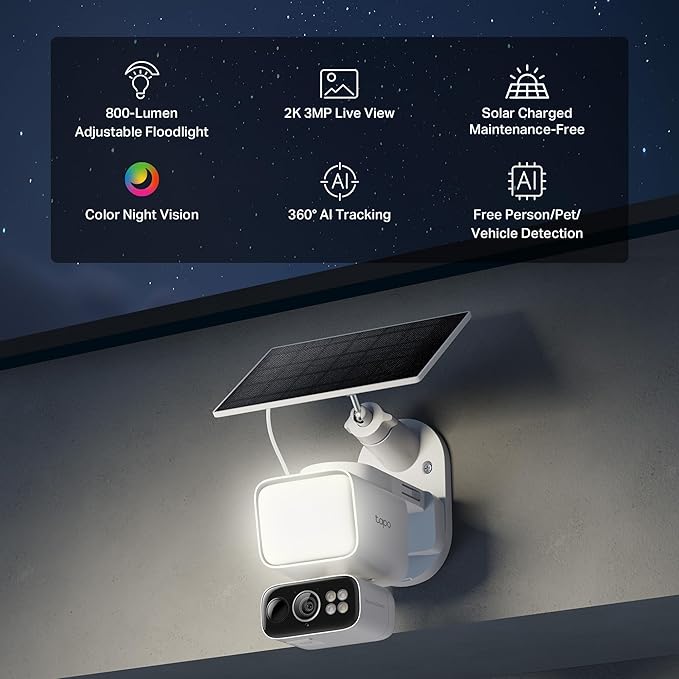 Tapo 2K Dimmable Floodlight Security Camera Outdoor Wireless w/Solar Panel, Pan/Tilt, 360º AI Tracking, Free Person/Vehicle Detection, Works w/Alexa and Google Assistant, SD/Cloud, C615F KIT