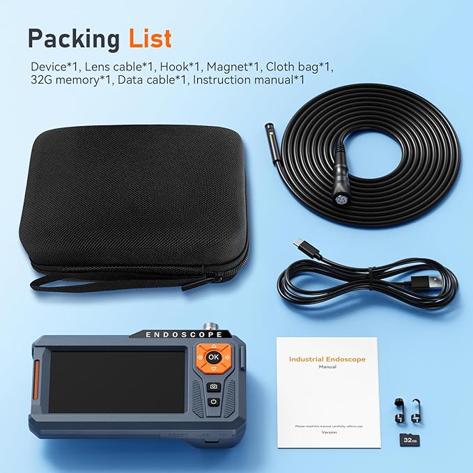 Triple Lens 5" IPS Borescope Inspection Camera, Ginocaco 1080P Digital Video Endoscope with Light, Waterproof Scope Camera with 16.5FT Semi-Rigid Cable, Drain Pipe Tool, Carrying Case, 32G Card