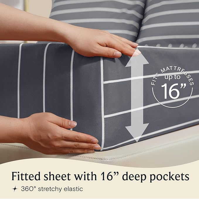 LuxClub 3 PC Twin Sheet Set, Deep Pockets Wrinkle Free Cooling Bed Sheets Hotel Bedding for Women, Men, Kids & Teens, Includes 1 Fitted Sheet, 1 Flat Sheet and 1 Pillowcase-Striped - Light Grey