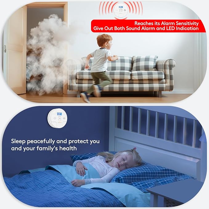 6 Packs,2 in 1 Technology, Smoke,Carbon Monoxide Detector, Co Alarm,85db Alert,LCD Readout,3 Color LED Indication,(Green Light Blinking at Work), with 3 AA Batteries,Easy Install,for Home and Kitchen