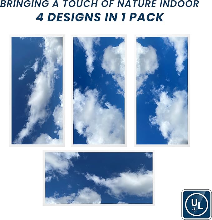 4-Pack 2x4 LED Flat Panel Light, Drop Ceiling Light Fixture with Cloud Design Tunable 30W-72W, 8750 Lumens 4000K/5000K/6500K CCT, 0-10V Dimmable Skylight ETL & DLC, 120-277V 48x24 Inch LED Panel