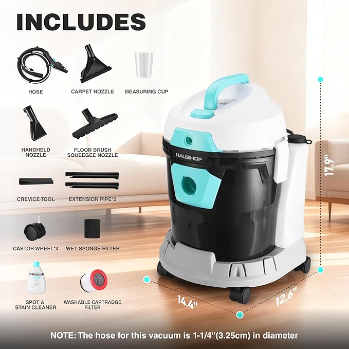 HAUSHOF 4 Gallon 5.5 Peak HP Wet/Dry Vacuum Upholstery Cleaner, Portable Shop Vacuum with 1-1/4 Inch Diameter x 5 Foot Hose, 13 Foot Cord, Ideal for Home, Workshop, and Garage Cleaning