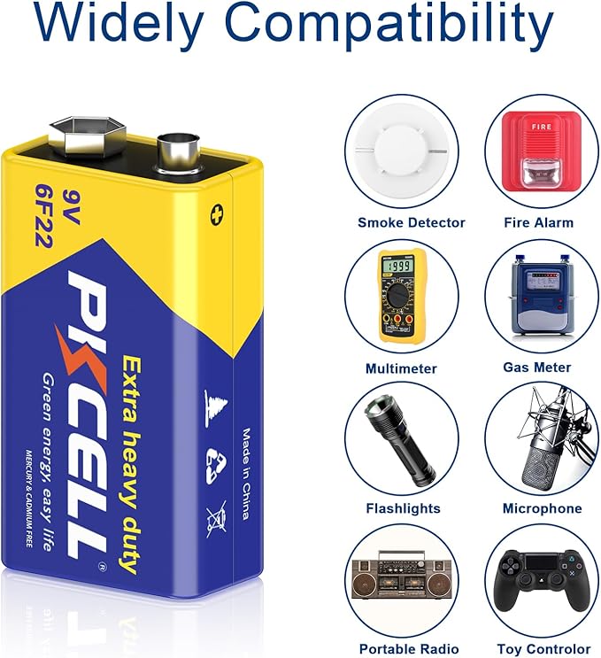 PKCELL 9V Batteries, 2 Pack 9 Volt Batteries Carbon Zinc, 9V Battery for Smoke Detector, Alarms, 6F22 Square Battery