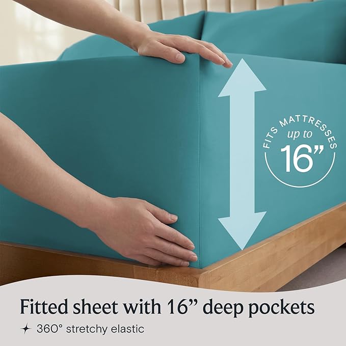 LuxClub 4 PC King Sheet Set, Deep Pockets Wrinkle Free Cooling Bed Sheets Hotel Bedding for Women, Men, Includes 1 Fitted Sheet, 1 Flat Sheet and 2 Pillowcases-Soft Teal