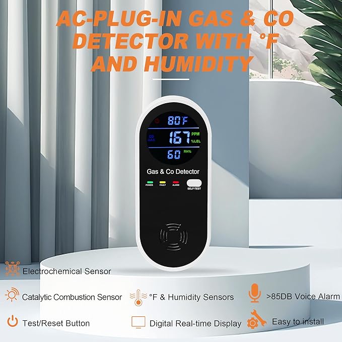 Hembisen Combination Natural Gas Detector & Carbon Monoxide Detector, 4-in-1 Carbon Monoxide Alarm,°F & Humidity,Propane,Methane,Gas Detector Alarm & CO Detector for Home,RV,Apartment